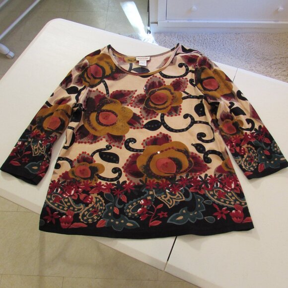 Monroe & Main Tops - Monroe & Main Sequined Floral Cotton 3/4 Sleeve Autumn Colors Top